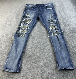 Smoke Rise Jeans Mens 34x32 Blue Denim Skinny Distressed Graphic Streetwear Punk - Picture 1 of 18