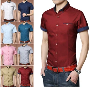 Mens Dress Shirts Short Sleeves Luxury Casual Slim Fit Camisas Multicolor Shirts - Picture 1 of 19