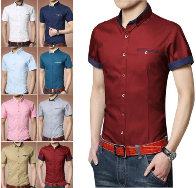 Mens Dress Shirts Short Sleeves Luxury Casual Slim Fit Camisas Multicolor Shirts - Image 1 of 4