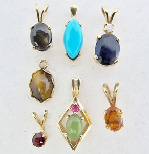 7 Small 14K Gold Pendants with Iolite, Sapphire, Jade & Citrine (4.7g, .7"-.35") - Picture 1 of 12