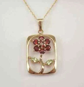Flower Fame Pendant Lab Created Red Ruby Green Peridot 14K Yellow Gold Plated - Picture 1 of 8