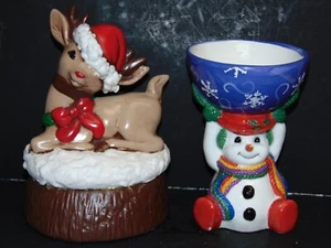 LOT of 2 - 7.5" Tall Reindeer & 5.5" Snowman Candy Dish Ceramic Figurines - Picture 1 of 9