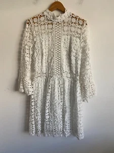 Eilly Bazar Dress Womens XL White Lace Long Sleeve High Neck Zip Lined Flowy - Picture 1 of 8
