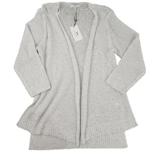 Halston Cardigan Sweater Womens Large Open Front Hi Lo Hem Metallic Silver - Picture 1 of 9