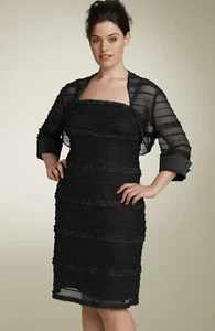 JS Collections Ruffle Stripe Mesh Sheath Dress & Bolero Petite Sz 12P Black - Picture 1 of 2