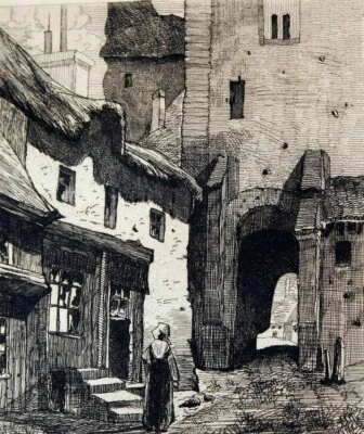 Grabado "Une Porte Urbaine" de H. Vignerot, artista impresionista francés 1875 Foto 1 de 4