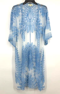 Rebellion Again Kimono Women Size Large Blue Sheer Embroidered Open Front Duster - Picture 1 of 11