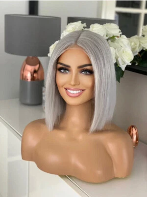 🔥 Silver Grey Ice Blonde Ash Lace Front Short Bob 10” 100% Human Hair Wig - Image 1 of 4