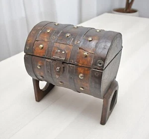 Vintage Wooden Round Storage Chest Box on Stand Original Old Metal Fitted - Picture 1 of 8