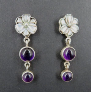 Earrings Sterling Abalone Flower Round Purple Stones Dangle Silver Pierced - Picture 1 of 4