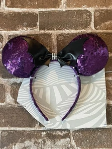 NEW DISNEY HALLOWEEN MINNIE MICKEY MOUSE EARS HEADBAND PURPLE SEQUINS BLACK BAT - Picture 1 of 2