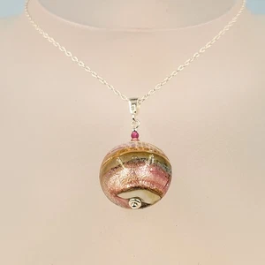 Murano Tourmaline Ruby Necklace Venetian Glass Candy Pink Gold Swirl - Picture 1 of 4