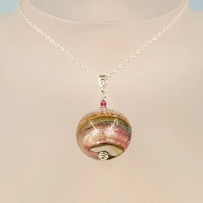 Murano Tourmaline Ruby Necklace Venetian Glass Candy Pink Gold Swirl - Image 1 of 4