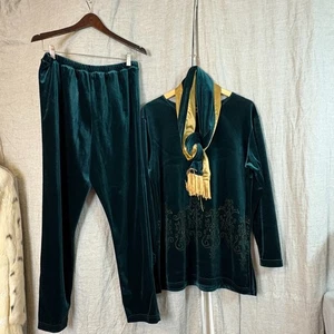 Vintage Diane von Furstenberg Lounge Set Damen MED grün Samt bestickt - Bild 1 von 9