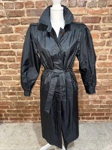 British Mist Raincoat Trench Women 80’s Vintage, Puffed Shoulder Black Size 5/6 - Picture 1 of 9