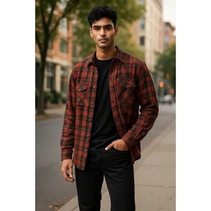 Jeremiah Herren Karo Flanell Hemd Knopfleiste Langarm Rot Braun Large - Bild 1 von 9