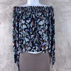Top boho We The Free con hombros descubiertos para mujer talla XS negro floral manga larga - Imagen 1 de 6