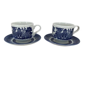 Vintage Churchill England Blue Willow Cup and Saucer Sets Coffee Tea Set of 2 - Picture 1 of 16