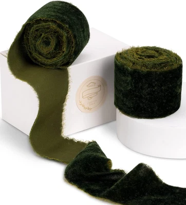 Cinta de terciopelo verde de 2 pulgadas con flecos deshilachados para envolver regalos, hermosa seda V Foto 1 de 4