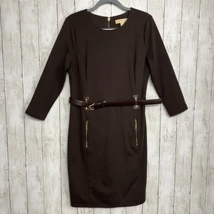 Michael Kors Midikleid braun Langarm schwer Strick gefüttert Reißverschluss Taschen Gürtel - Bild 1 von 11