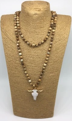 Moda Mujer Joyería 8mm Cuadro Jaspe Cuentas con Novillo Colgante Collar Foto 1 de 4