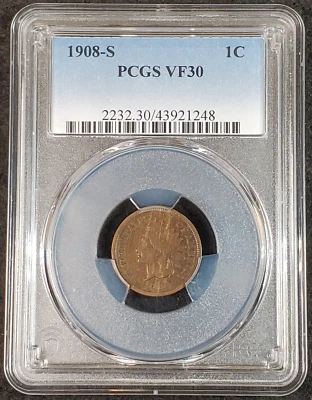1908 S Indian Head Cent PCGS VF30 2232.30/43921248 Exquisite Coin Rare - Image 1 of 4