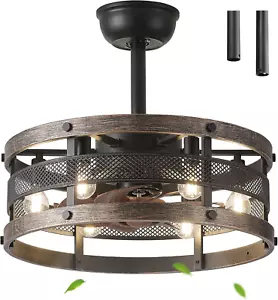 Caged Ceiling Fan with Lights and Remote,19'' Black Industrial Ceiling Fan with - Picture 1 of 7
