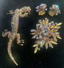 Vtg LOT Art Glass CORO Earring Floral Spray Brooch Lizard FAB Colors Rhinestone