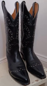 Boulet Snip Toe Western Cowboy Studded Black Leather Boots Women's 7 C - Picture 1 of 13