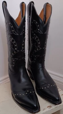 Boulet Snip Toe Western Cowboy Studded Black Leather Boots Women's 7 C - Image 1 of 4