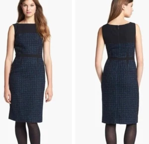TORY BURCH Navy Sloane Plaid Tweed Sleeveless Pencil Dress Size 0 - Picture 1 of 7