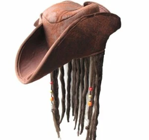 Adult Caribbean PIRATE HAT + BRAIDED HAIR Fancy Dress Brown Beads Bucanneer 9125 - Picture 1 of 1