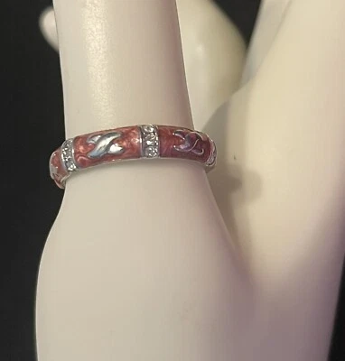 Lauren G Adams LGA Stacking Enamel Ring Rhinestones Pink Silver-tone Sz 10 EUC - Image 1 of 4
