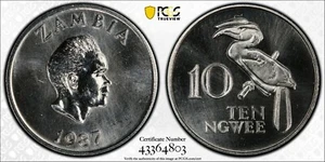 1987 ZAMBIA 10 NGWEE PCGS SP65 - KINGS NORTON MINT COLLECTION - Picture 1 of 1