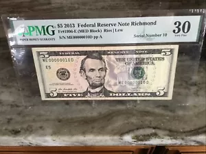 $5 2013Federal Reserve Note Richmond PMG 30 Low Serial No. 00000010 - Picture 1 of 10