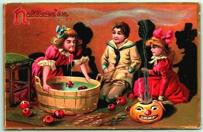 Girl Bobs For Apples Jack O Lantern Raphael Tuck Halloween 150 Postcard I10 - Image 1 of 2