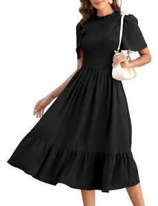 Women's Short Sleeve Ruffle A Line High Smocked Elastic Waist Flowy Long Dress - Picture 1 of 24