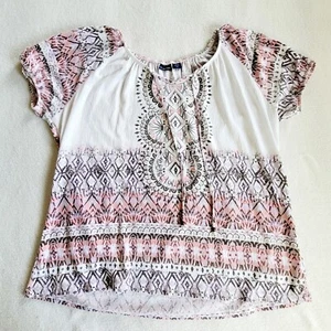 Casual Bohemian Comfy Summer Short Sleeve Blouse Womens Basic Editions Sz L - Picture 1 of 7
