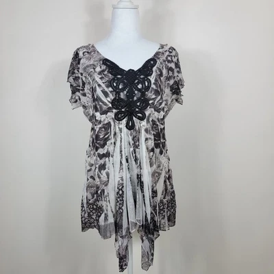 Fairy Top M слоновой кости темно цветочный ассиметричный плиссированные туника кукла мистический Y2K - Изображение 1 из 4