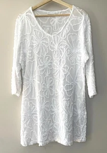 Damen LuLu B weiße Boho Tunika Gr. L Blumen Struktur Oberteil halbtransparent - Bild 1 von 5