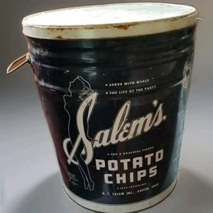 Vintage 3lb Salem Potato Chip Tin Can w/ Lid 15" x 12" Art Deco Style - Picture 1 of 24