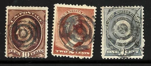 SC #209 210 212 Target Fancy Cancel 1-10 Cent Jefferson Banknote 1883 US 58B41 - Bild 1 von 3