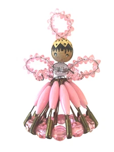 1960's Pink Bead & Safety Pin Angel OrnamentHandmade Folk Tramp Art Retro 3.5" T - Picture 1 of 10