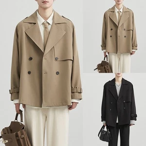 Short Men Windbreaker Double Breasted Trench Coat Lapel Style Casual Outerwear - Picture 1 of 47