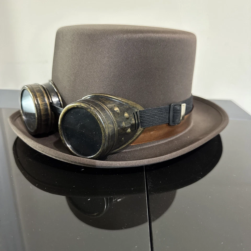 Halloween Costume Cosplay Brown Steampunk Felt Hat With Goggles Adult Size - Image 1 of 4