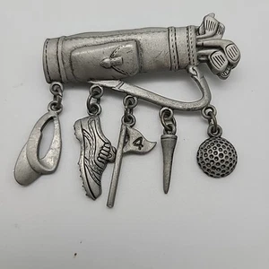 JJ Jonette Jewelry Charm Pin Brooch Golf Club Bag Tee Flag Vintage Silver Color - Picture 1 of 5