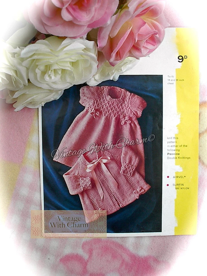 PENNINE Vintage Knitting Pattern Baby Girl's Exquisite Diamonds & Bows Dress & Coat