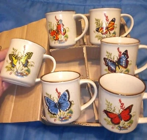 Vintage NOS 6 Hand Crafted Viking Stoneware Coffee Cups Mugs 70’s BUTTERFLIES - Picture 1 of 11