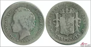 Spain 1 Peseta 1893 Pgl Ag Alfonso XIII BC 69 - Picture 1 of 1