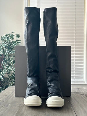 Rick Owens Stretch Lamb Leather Knee High Stocking Sneaks Black/Milk - US5 EU35 - Image 1 of 4